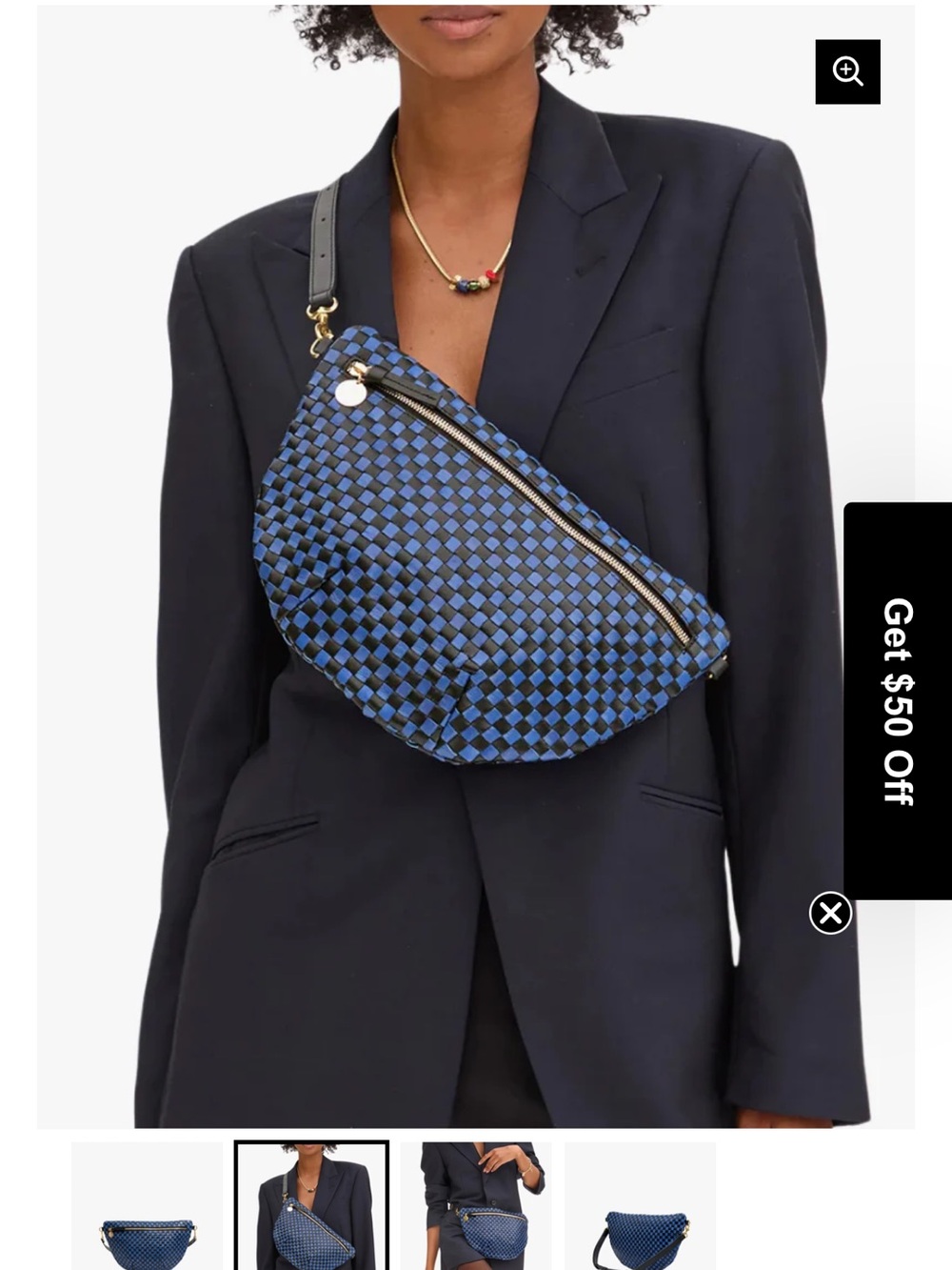 Clare V Grande Fanny in Black and Cobalt Woven checker